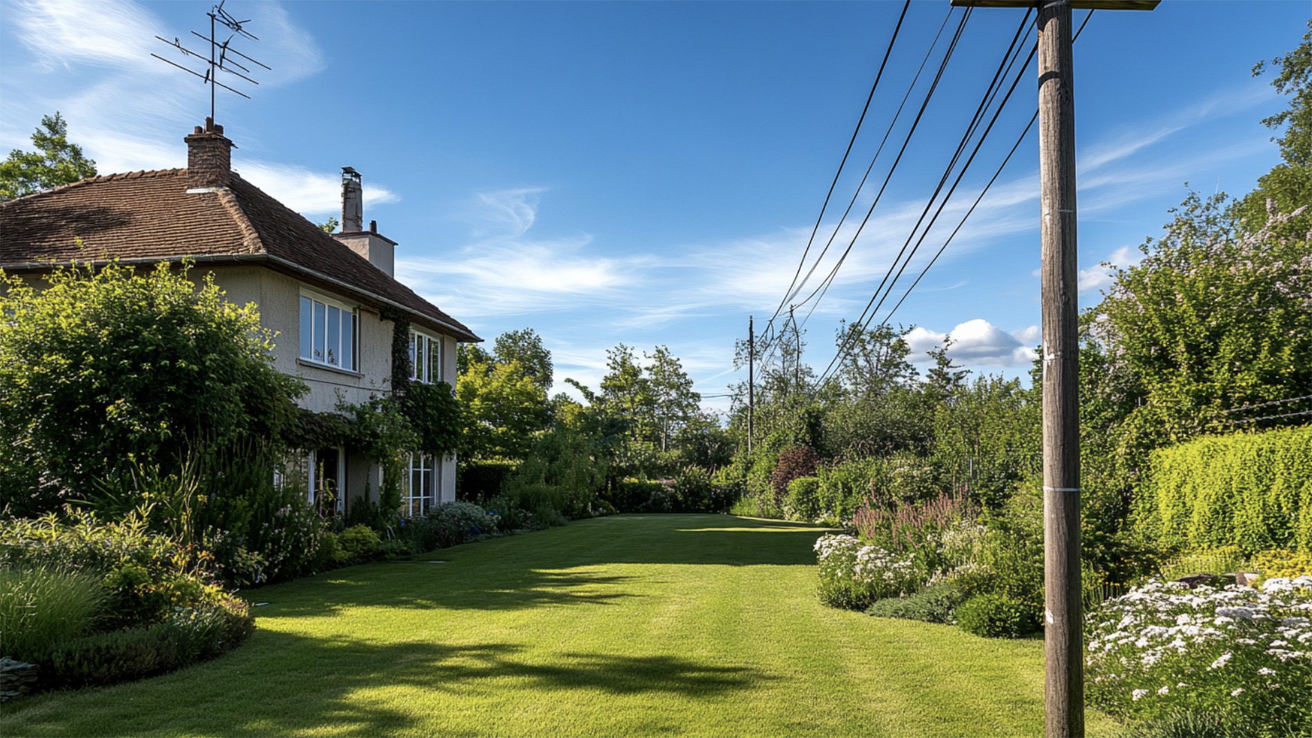 Modernes Wohnhaus mit Holzstrommast und sichtbaren Stromleitungen über dem gepflegten Garten