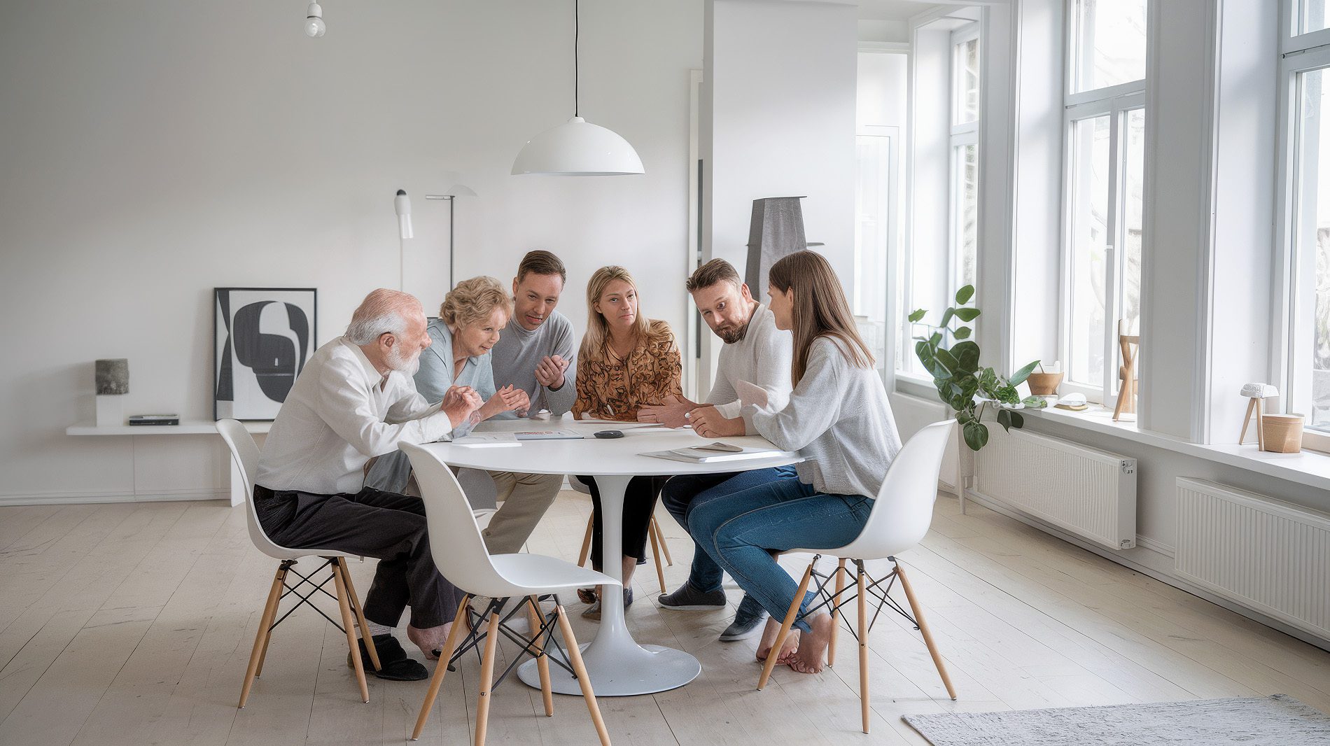 Mehrgenerationen-Familie sitz an einem Tisch und diskutiert