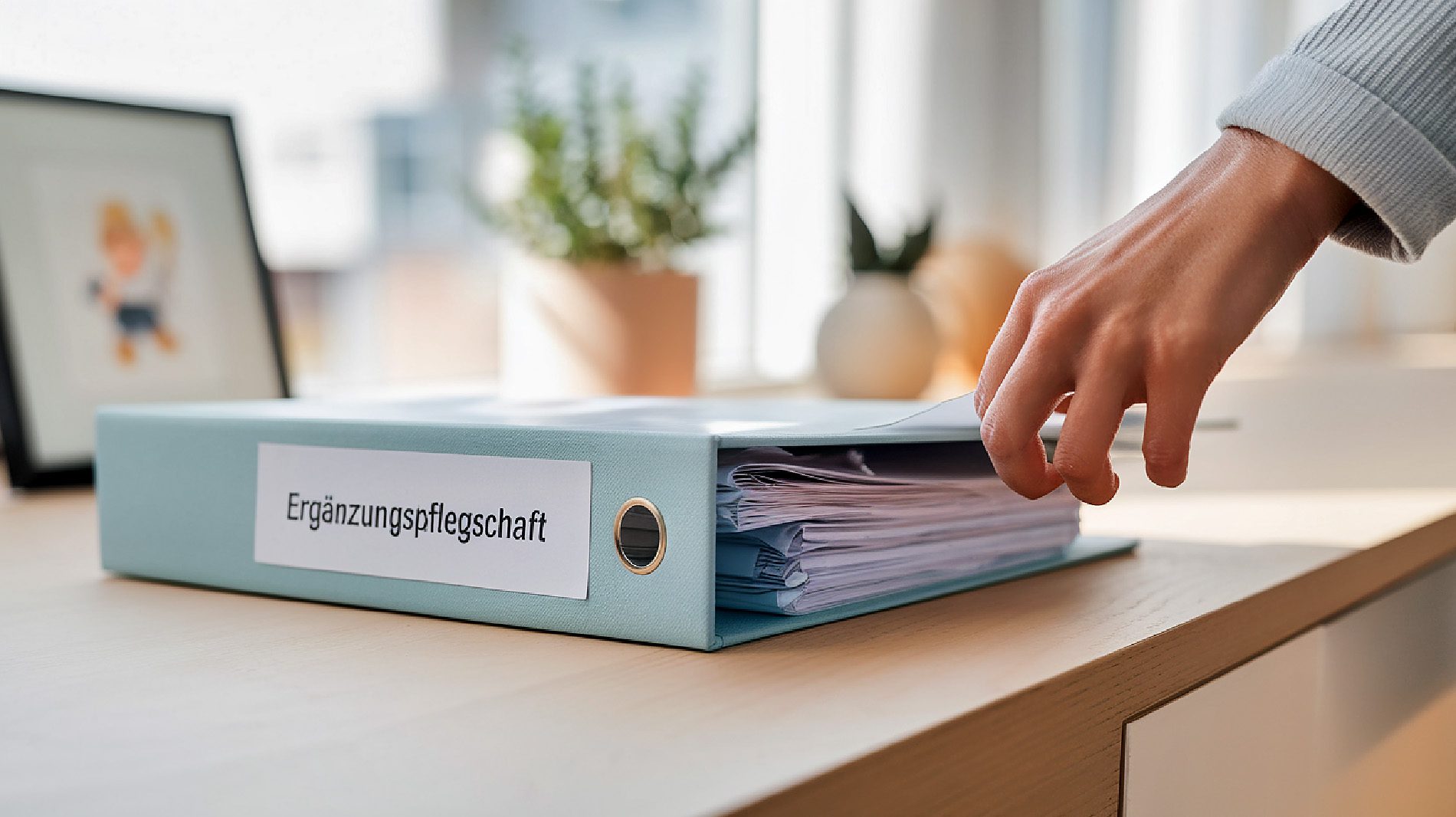 Eine Hand öffnet einen hellblauen Ordner mit der Aufschrift Ergänzungspflegschaft auf einem Schreibtisch.