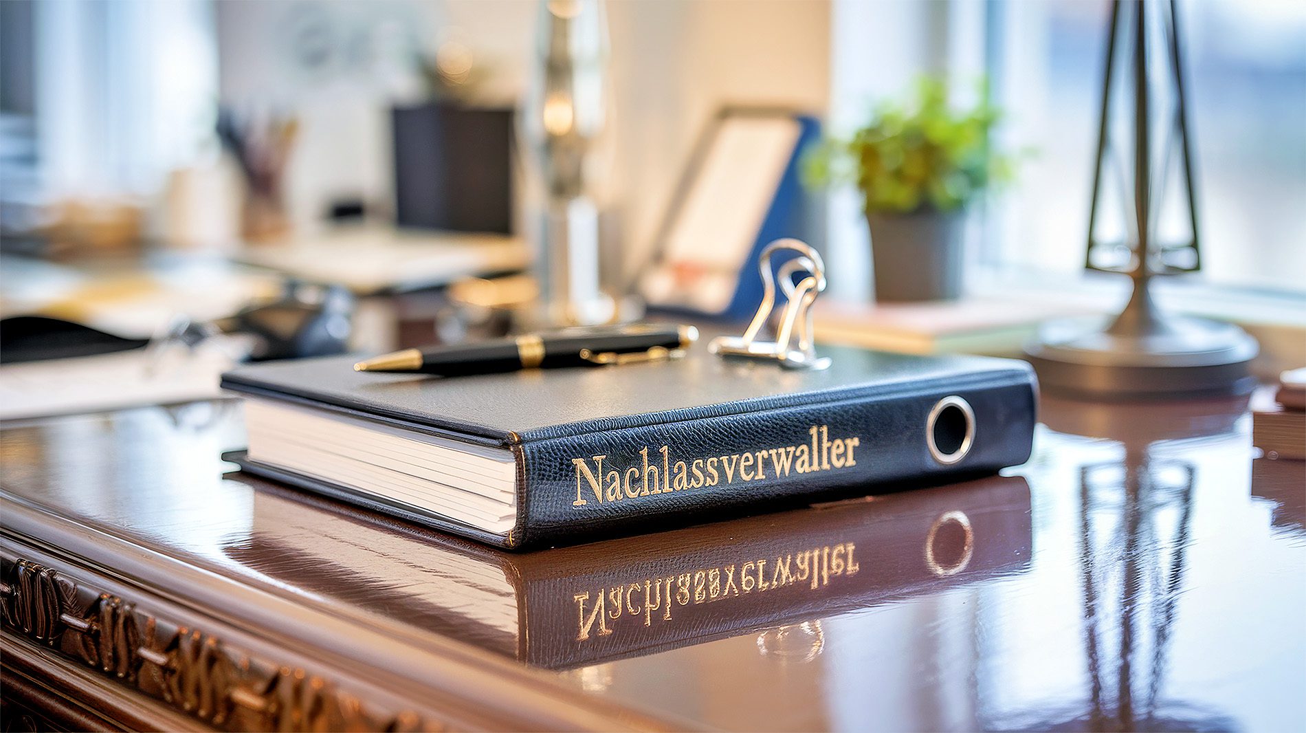 Ledergebundener Ordner mit der Aufschrift Nachlassverwalter auf einem Schreibtisch.