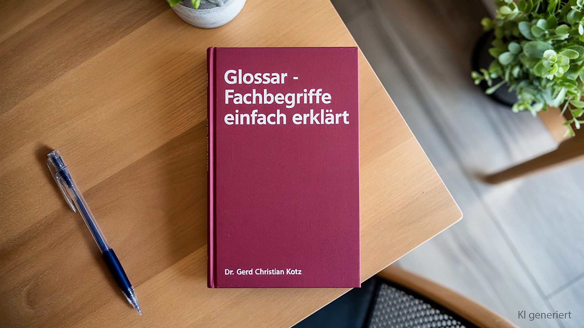 Burgunderfarbenes Glossar-Buch von Dr. Kotz von oben auf hellem Holztisch mit Pflanze