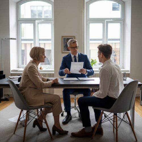 Mutter und Sohn sitzen beim Notar am Schreibtisch mit Dokumenten