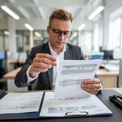 Finanzbeamter prüft Grundbuchunterlagen an Schreibtisch im Finanzamt