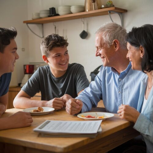 Familie sitzt am Tisch, lächelt sich an und genießt Essen. Dokumente liegen am Rand des Tisches.