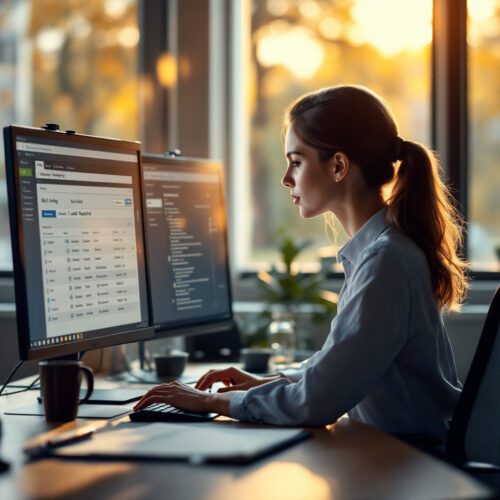 Notarin recherchiert mehrfach im digitalen Grundbuch am Computerarbeitsplatz