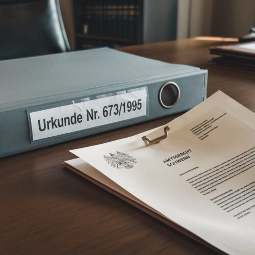 Modernes Büro eines Notars mit Akte "Urkunde Nr. 673/1995" und amtlichem Schreiben des Amtsgerichts Schwerin.