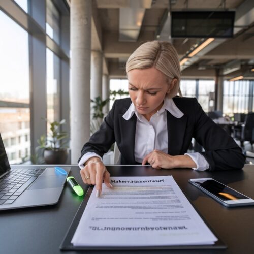 Maklerin liest aufmerksam einen Kaufvertragsentwurf am Schreibtisch.