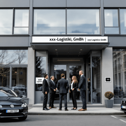 Moderne Bürofassade in Berlin mit Schildern für "xxx-Logistik GmbH" und "yyy Logistics GmbH".Moderne Bürofassade in Berlin mit Schildern für "xxx-Logistik GmbH" und "yyy Logistics GmbH".