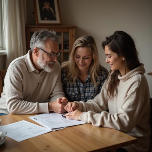 Familie sitzt an einem Tisch und betrachtet gemeinsam Dokumente in einer gemütlichen Wohnstube.