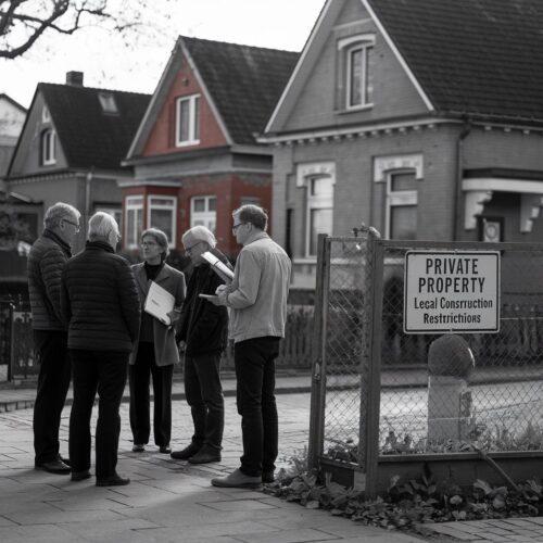 Bewohner diskutieren über veraltete Grunddienstbarkeit an einem Haus in Frankfurt. Rechts steht ein Schild mit „Private Property“.