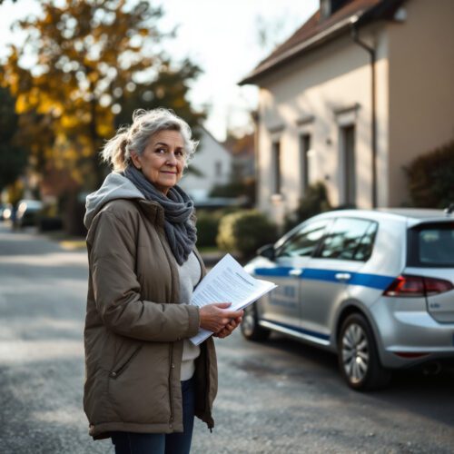 Frau stehen vor Haus mit Dokumenten, unter subtilem Spannungsfeld in ruhiger Wohnstraße.