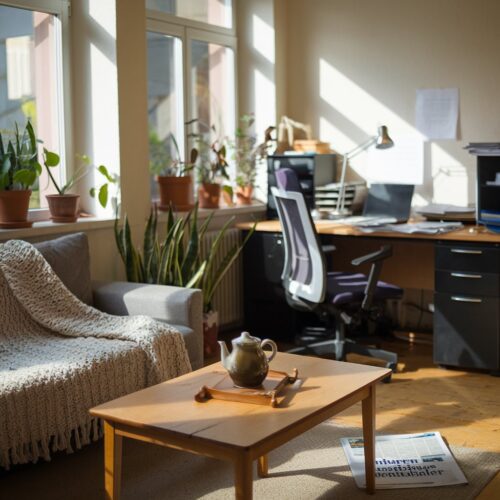 Gemütliches Wohnzimmer mit Büro, Papiere und Laptop auf dem Tisch, Zeichen von Raumnutzungskonflikt.