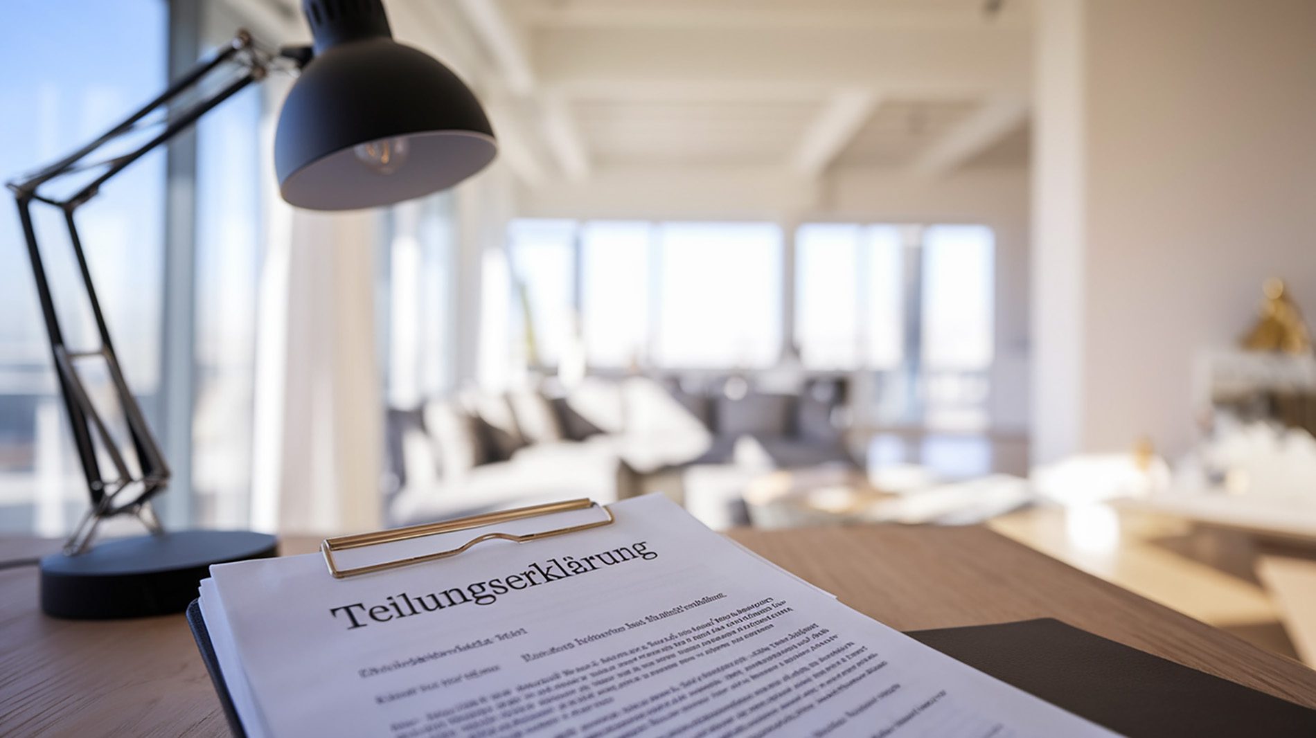 Nahaufnahme einer Teilungserklärung auf einem modernen Holzschreibtisch mit verschwommenem Wohnungsinterieur im Hintergrund