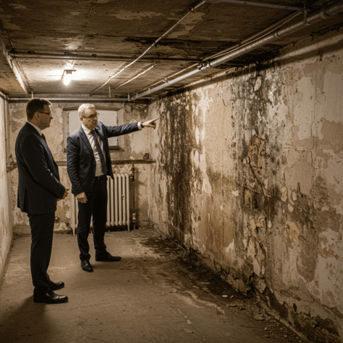 Inspektion eines feuchten Kellers einer deutschen Immobilie, zwei Prüfer bei der Analyse von Schäden an der Wand.