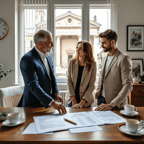 Helles Büro mit Finanzen und Adoptionsvertrag, drei Personen in Businesskleidung betrachten einen Spreadsheet. Gericht im Hintergrund.Helles Büro mit Finanzen und Adoptionsvertrag, drei Personen in Businesskleidung betrachten einen Spreadsheet. Gericht im Hintergrund.