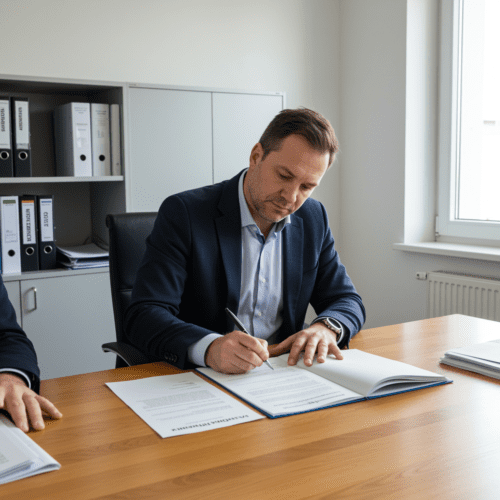 Mann und Verkäufer unterschreiben Kaufvertrag in modernem Büro, betont formelle Atmosphäre und wichtige Details zum Haus.