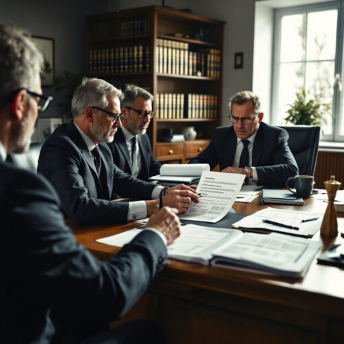 Notar im Büro, zeigt auf Dokument mit finanziellen Transaktionen, angespanntes Treffen mit Immobilienvertreter.