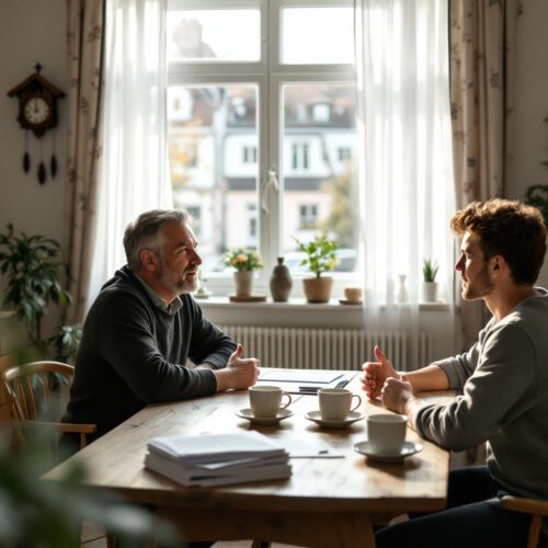 Adoption: Onkel fragt Neffen. Antrag, Familie, Wohnzimmer.
