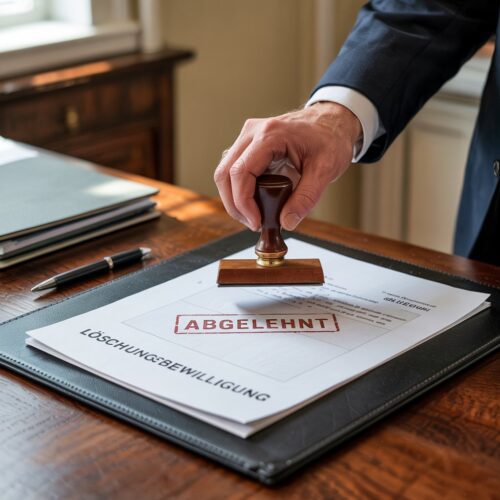 Grundbuchamt: Löschungsbewilligung ABGELEHNT. Antrag gestempelt. Rechtsverfahren.