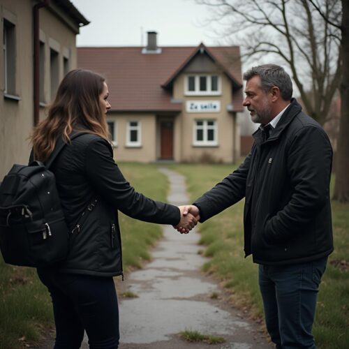 Übergabe eines Haus-Schlüsselbundes bei Grundstückskauf mit Unterschrift und Grundschulddokument