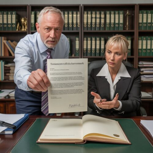 Erbe übergibt der Grundbuchbeamtin Dokument zur Löschung des Testamentsvermerks am Schreibtisch