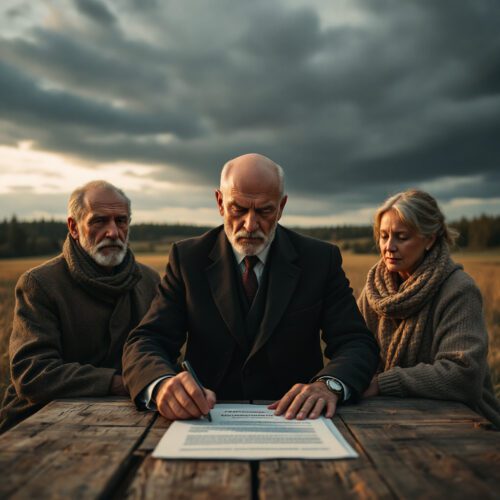 Beamter erklärt Familie den Kaufvertrag vor landwirtschaftlichen Flächen bei bewölktem Himmel