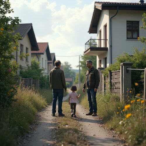 Familienmitglied prüft Versorgungsleitungen an Grundstücksgrenze, Eigentümerin beobachtet.