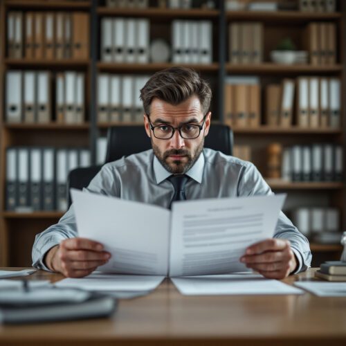 Mitarbeiter prüft Kaufvertrag und Grundbuch, konzentriert auf Auflassungsvormerkung, im Büro