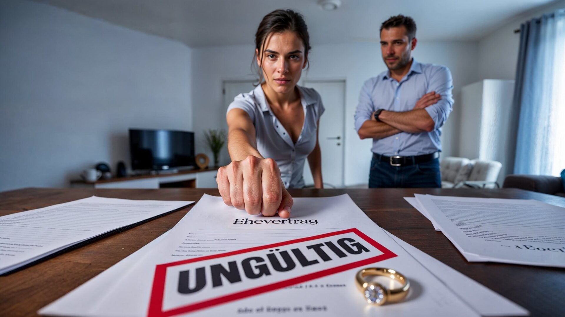 Frau verweist auf ungültigen Ehevertrag zur Gütertrennung, während Mann die rechtlichen Konsequenzen in Wohnzimmer überdenkt.