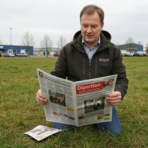 Immobilienentwickler liest Zeitung auf brachliegendem Gewerbegrund, im Hintergrund Händeschütteln