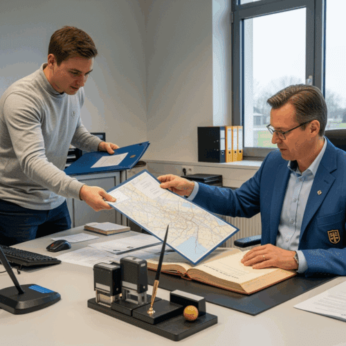 Mann überreicht Grundbuchdokumente in Amtsbüro, Gespräch über Vertragsunterlagen