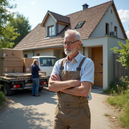 Älterer Verkäufer vor halbfertigem Haus mit Familie und Umzugskartons, Tageslicht, realistische Texturen