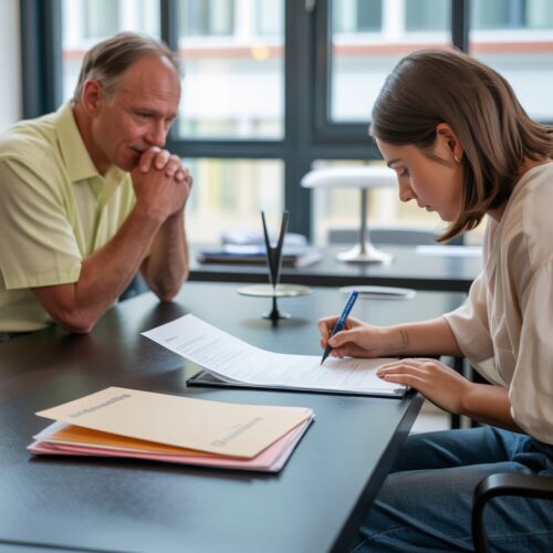 Übergabe von Mietdokumenten bei Notar, Tochter unterschreibt Darlehensvertrag in Büro.