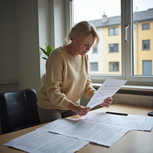 Frau liest verärgert Gebührenbescheid bei Grundstücksteilung im Arbeitszimmer