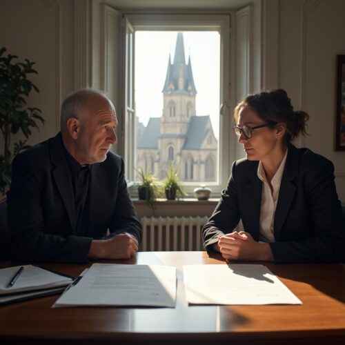 Drei Personen im Büro bei einer Ablehnung des Hauskaufs durch die Kirche, angespannte Atmosphäre