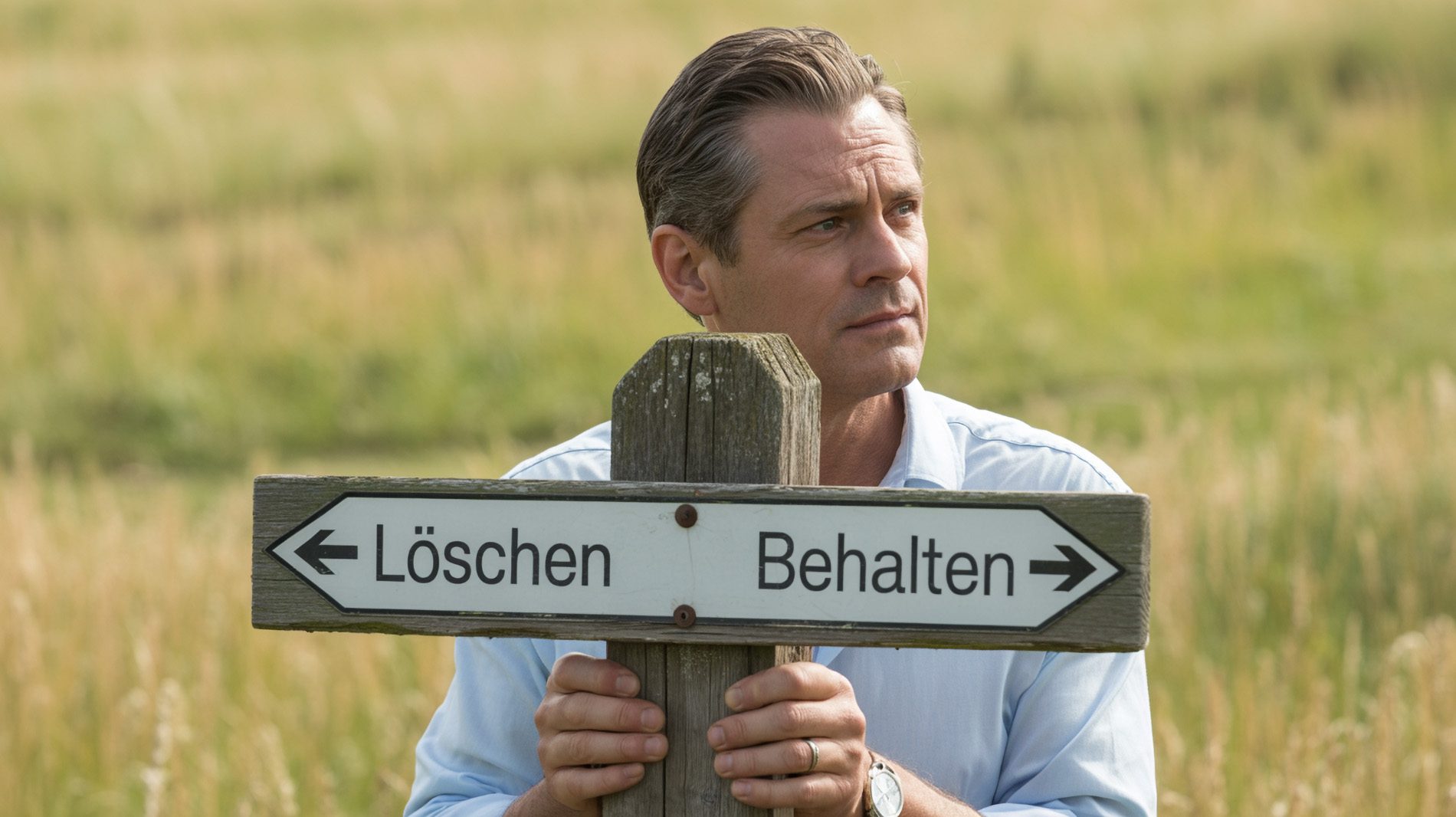 Mann steht hinter einem Schild mit der Aufschrift Löschen / Behalten