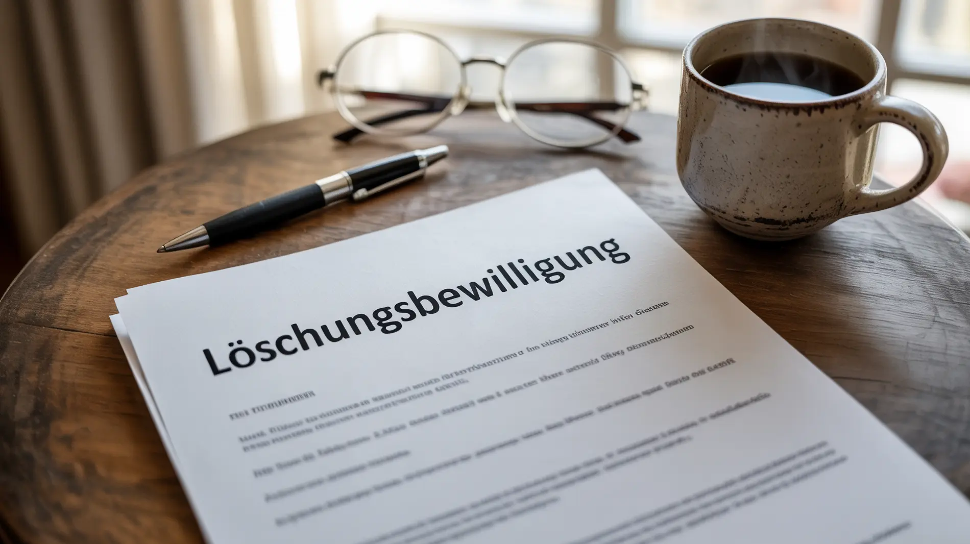 Dokument mit dem Titel "Löschungsbewilligung" auf einem Holztisch, daneben Brille, Stift und Kaffeetasse in wohnlicher Umgebung