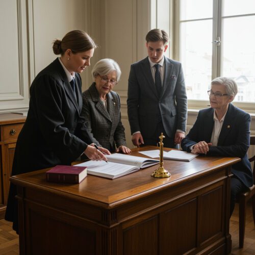 Notarin erklärt Vertrag, Klienten mit Besorgnis in Notariatsbüro