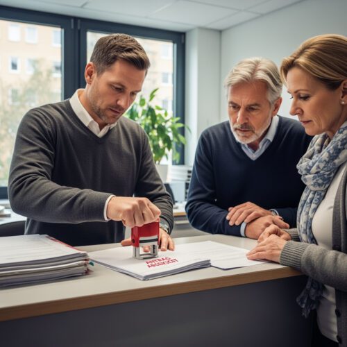 Person stempelt Dokument zur grundbuchfähigen Dienstbarkeit, mit zwei Zeugen in formellem Büro.