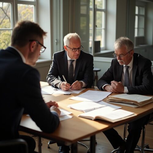 Drei Anwälte diskutieren über GbR Grundbuch Berichtigung nach dem Tod eines Gesellschafters in einem lichtdurchfluteten Raum.