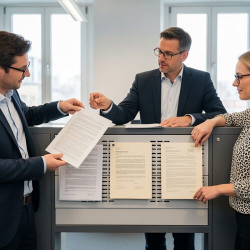 Drei Personen besprechen Vereinsfähigkeit Grundbuch Dokumente zur MoPeG-Änderung an einem Schreibtisch im Büro.