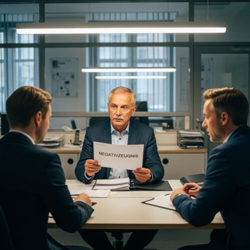 Ein Mann überreicht im Büro ein Negativzeugnis zum Vorkaufsrecht Stadt an zwei Berater.